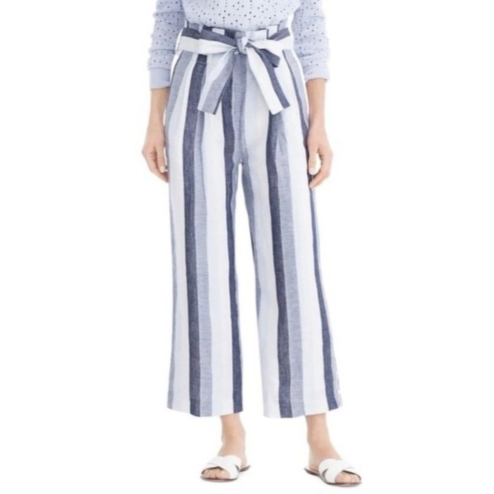 Point Sur J.Crew Blue White Striped 100% Linen Paperbag Wide Leg Pants Size 6‎